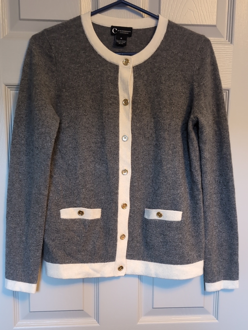 Bloomingdale Cashmere Gray Cardigan with Cream Trim and Gold Buttons